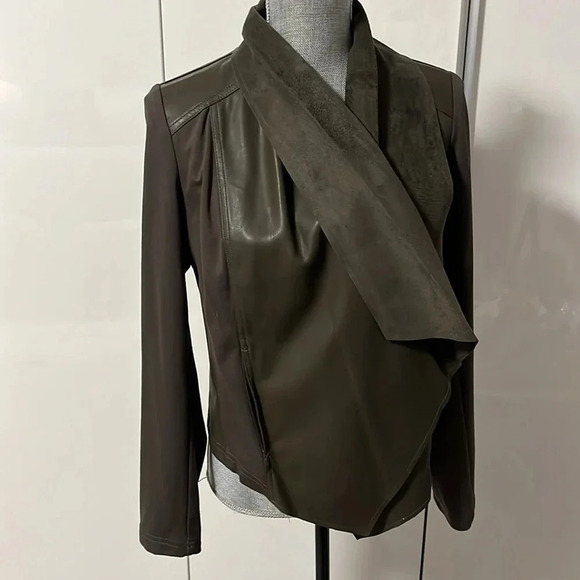 Drape Front Faux Leather Jacket Pockets, Size M - Picture 8 of 11